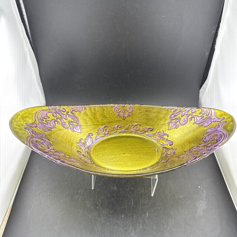Arda Glassware Vanessa Oval Bowl Purple Gold Damask Embossed Art Glass Turkey